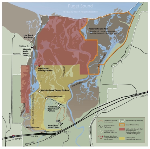Map showing different use areas in the refuge. Northeast section with orange boundary show no consumptive uses, and boat closure Oct. 1 to March 31. North-northwest section in red marks an area open to waterfowl hunting during designated state seasons. This includes a section along the west edge of the refuge. The south-central zone is in tan and outlines the sanctuary area, closed to hunting and boats, where trails are located. All other parts of the refuge are shown in brown.