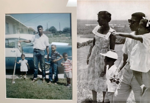 Black  man and 3 kids in front  of car; man holds fishing poles, fish;  Couple with boy in between; girl in man's arms