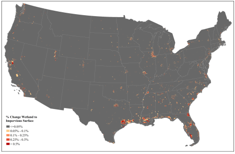 Map of United States outlining wetland to impervious surface difference. 