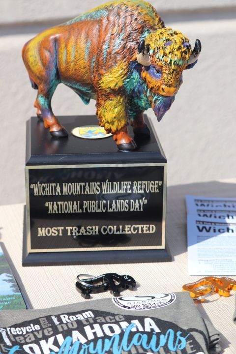 trophy of multicolored bison with base that reads “Wichita Mountains Wildlife Refuge”/ “National Public Lands Day”/Most Trash Collected