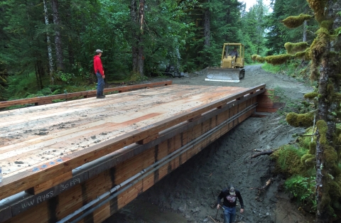 a timber bridge over a small forested stream