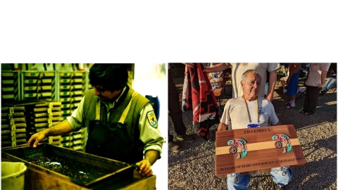 Two photographs of Quinault National Fish Hatchery Employee, Ed Lemieux. One of him checking an salmon egg incubation tray (left) and the other with him one of his 50 years of service gifts (right). A traditional Quinault cedar box.