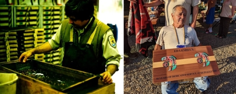 Two photographs of Quinault National Fish Hatchery Employee, Ed Lemieux. One of him checking an salmon egg incubation tray (left) and the other with him one of his 50 years of service gifts (right). A traditional Quinault cedar box.