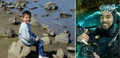 Two photos of Service intern Eric Klingberg. The left picture is of him fishing as youth and the right is of him scuba diving.