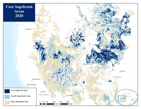 map of the western United States showing areas of sagebrush habitat, identified as "Core Sagebrush Areas," "Growth Opportunity Areas," and "Other Rangeland Areas"