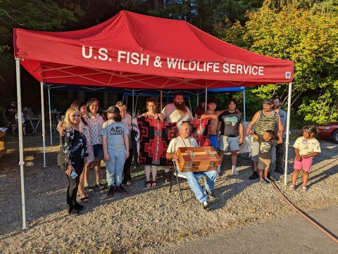 Quinault National Fish Hatchery employee, Ed Lemieux, celebrating his 50 years of service with staff, family, and friends.