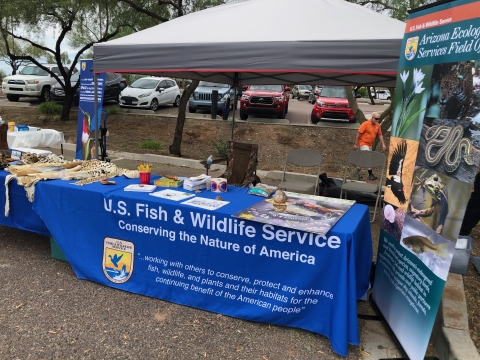 an educational booth set up at a street fair