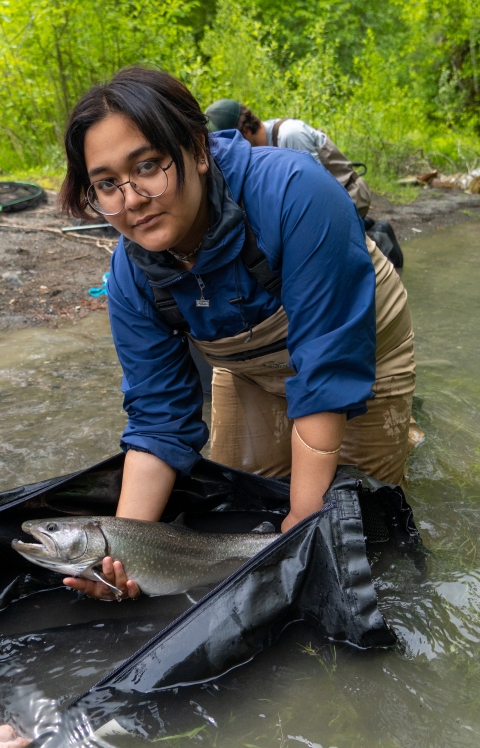 Service intern, Suzena Arias, holding a bull trout while wading in the Dungeness River