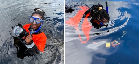 Two photos of USFWS digital media intern, Typhanie Shepherd, preparing for and capturing underwater video footage in her drysuit and snorkel gear.
