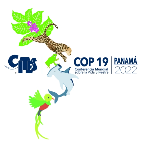 CITES CoP19 logo, with branch and pink flowers, a jaguar, green frog, hammerhead shark, and quetzal. On the left side is the CITES logo (the acronym CITES with an ivory tusk), and on the right reads "COP 19, Conferencia Mundial sobre la Vida Silvestre” and “Panama 2022"