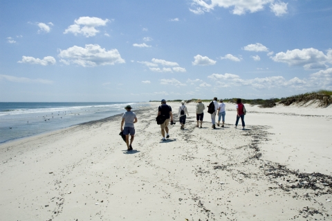 A group of 7 people walk along a beach on a sunny day. Clouds hang in the blue sky above.
