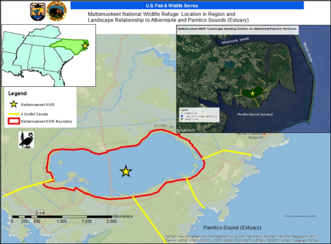 Three maps, one of the Southeast with a star in far eastern North Carolina, another showing the location of Lake Mattamuskeet at the southern end of the Albemarle-Pamlico Peninsula in eastern North Carolina, and lastly a third showing the boundary of Mattamuskeet NWR around the lake and the four outfall canals flowing out of the lake--one each from the west and east ends of the lake, and two flowing the south from the eastern basin of the lake. For questions, please call Mattamuskeet NWR at 252-926-4021.