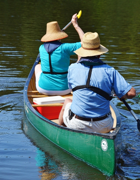 Canoers close-up photo at the back of the canoe.
