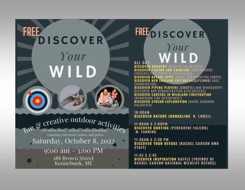 Discover Your Wild Event Flyer with Archery Target, Peregrine Falcon and People Canoeing