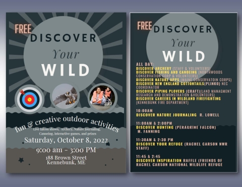 Discover Your Wild Event Flyer with target, falcon and canoers and agenda with times and location of Event