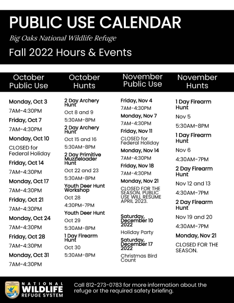 Calendar listing hunt days and days the refuge is open