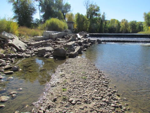 gravel bank with a dam upriver where fish ladder has been implemened