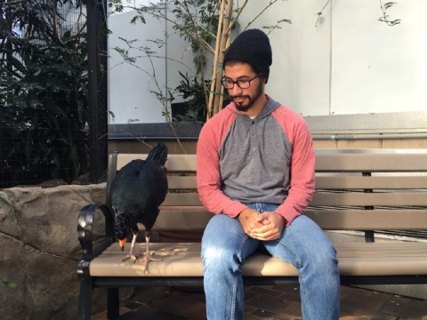 a man in glasses, a sweatshirt and beanie sits next to a large black bird on a city bench