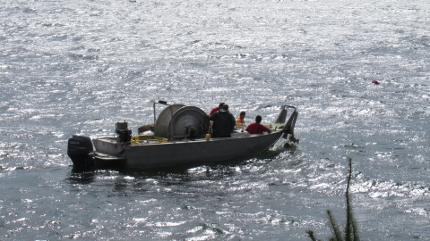 Four people in a fishing boat on the water using a net to catch fish