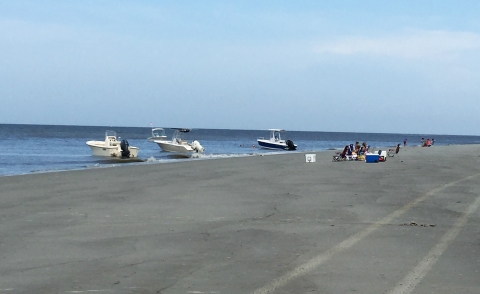 A few boats parked against the beach and the boaters enjoying the beach at Wassaw NWR.