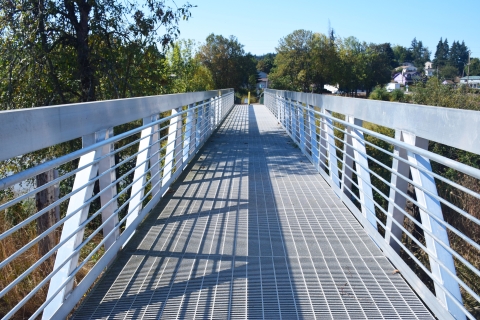 Steel-colored bridge has a grated material as the base, and tall handrails. Trees in distance.