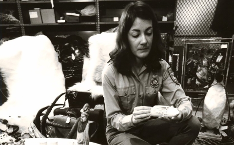 A female law enforcement officer inspecting items made with wildlife parts, surrounded by many boxes in shelves, and items closer to her including a polar bear skin and a penguin.