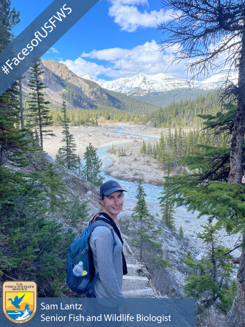 A women standing on a walking trail with a scenic river and mountain range in the background. A banner in the top left corner says #FacesofUSFWS. A banner across the bottom says Sam Lantz, Senior Fish and Wildlife Biologist. The USFWS logo appears in the bottom left corner