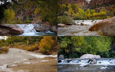 4 photos of dams flowing through the scenic rocks of Zion National Park
