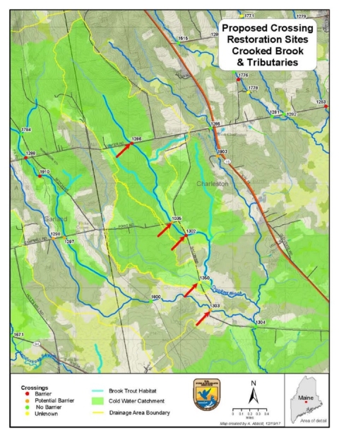 map illustrates barriers and drainage boundaries along Brook Trout habitat in central Maine