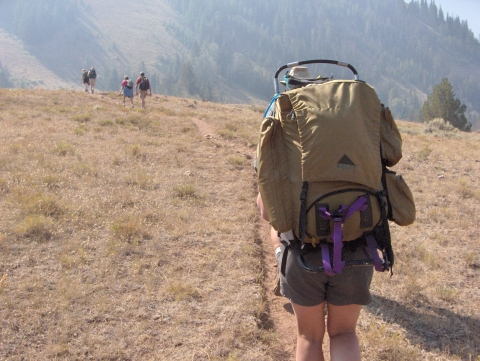 People with backpacks are hiking up a hill