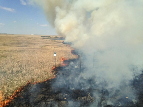 A prescribed fire burns next to a Waterfowl Production Area sign.