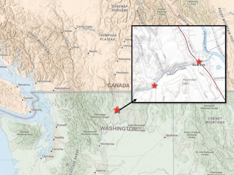 A map of parts of Canada and Washington with a marker on the location of the Johnson Creek project and an insert showing a close up of the two project sites.