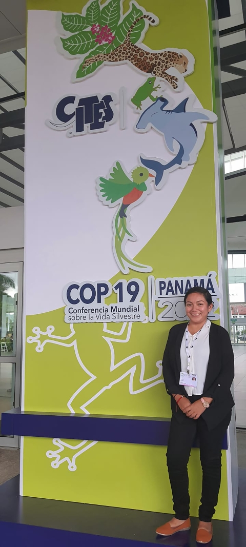 Wide shot of a female posing in front of a tall banner for CITES COP 19 in Panama, showing a hammerhead shark, jaguar, a quetzal, a pink flower, and a frog.