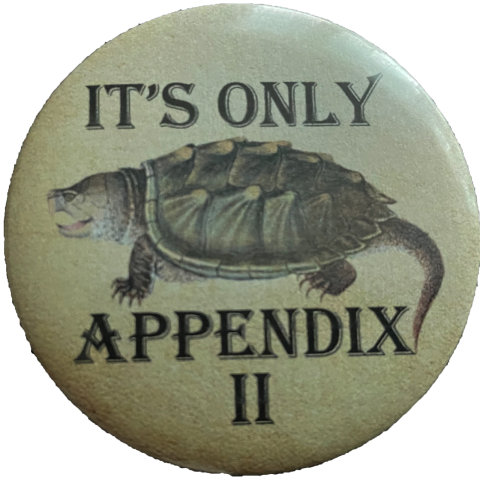 Button like art of a common snapping turtle with text saying: It's only Appendix II