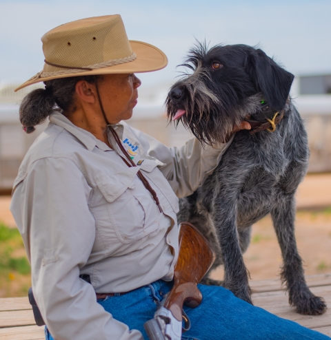 A person sitting on a bench holds a cocked shotgun and pets a medium sized grey and black hunting dog.