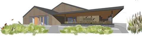 Conceptual Drawing of new visitor center with views of the west and south side of building, and overhead view with and without roof