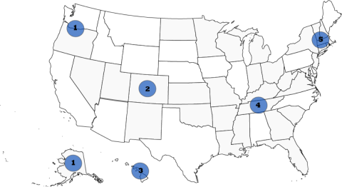 A map of the United States with a blue dot with a number 1 in it in Oregon, a blue dot with a number 1 in it in Alaska, a blue dot with a number 2 in it in Colorado, a blue dot with a number 3 in it in Hawaii, a blue dot with a number 4 in it in Tennessee, a blue dot with a number 5 in it in Vermont