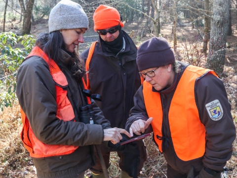 Three people, dressed for cold weather, standing together in a forest looking at a cell phone.