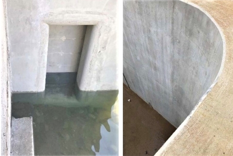 Left: A concrete fishway entrance with curved edges to allow for Pacific lamprey "burst and attach" movement. Right: A curved concrete structure designed to allow Pacific lamprey "burst and attach" movement
