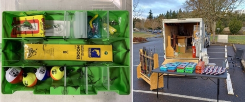 Left: Fishing tackle box loaded with tackle. Right: New and used fishing rods and loaded tackle boxes staged to be given away by Rods and Reels in Need.
