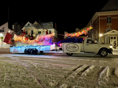 Fish stocking truck decorated for holiday parade
