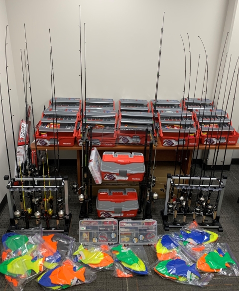 Fishing rods and tackle prepared for delivery to local libraries as part of a gear loaner program