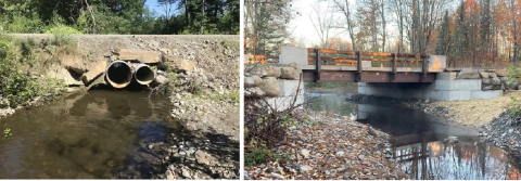 two photos side by side show an image of the breached culvert hovering above the river and the restored stream area, where a tall bridge now clears well above the now-connected river