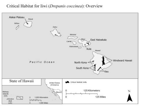 A map of the Hawaiian Islands that show the locations of the proposed critical habitat for ʻiʻiwi/