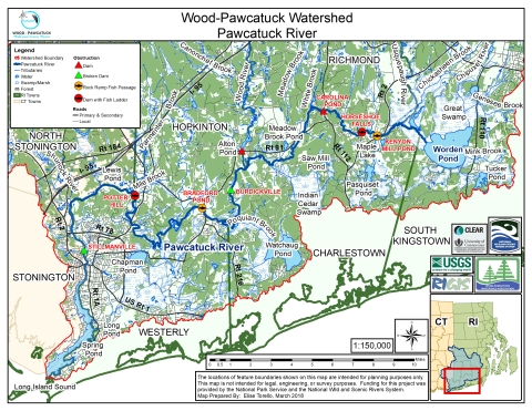 A map of the Wood-Pawcatuck Watershed and Pawcatuck River with land shown in green, the river in blue, and dam locations in green, red, yellow, and orange