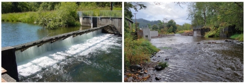 Left: Water flowing under a gate-like structure between two banks. Right: Water flowing freely between two banks 