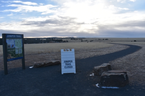 Juniper Trail at Rio Mora National Wildlife Refuge with a sign that says "Juniper Trail Closed"