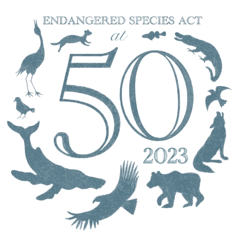 Graphic featuring the silhouettes of various species surrounding text which reads: Endangered Species Act at 50, 2023.