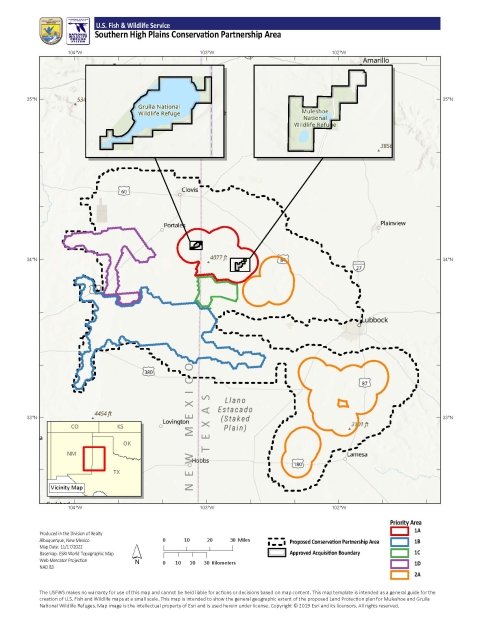 Map showing location of Muleshoe and Grulla National Wildlife Refuges and the locations of the 5 priority acquisitions areas on the border of New Mexico and Texas