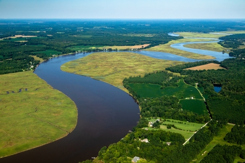 An aerial view of a river winding through wetlands